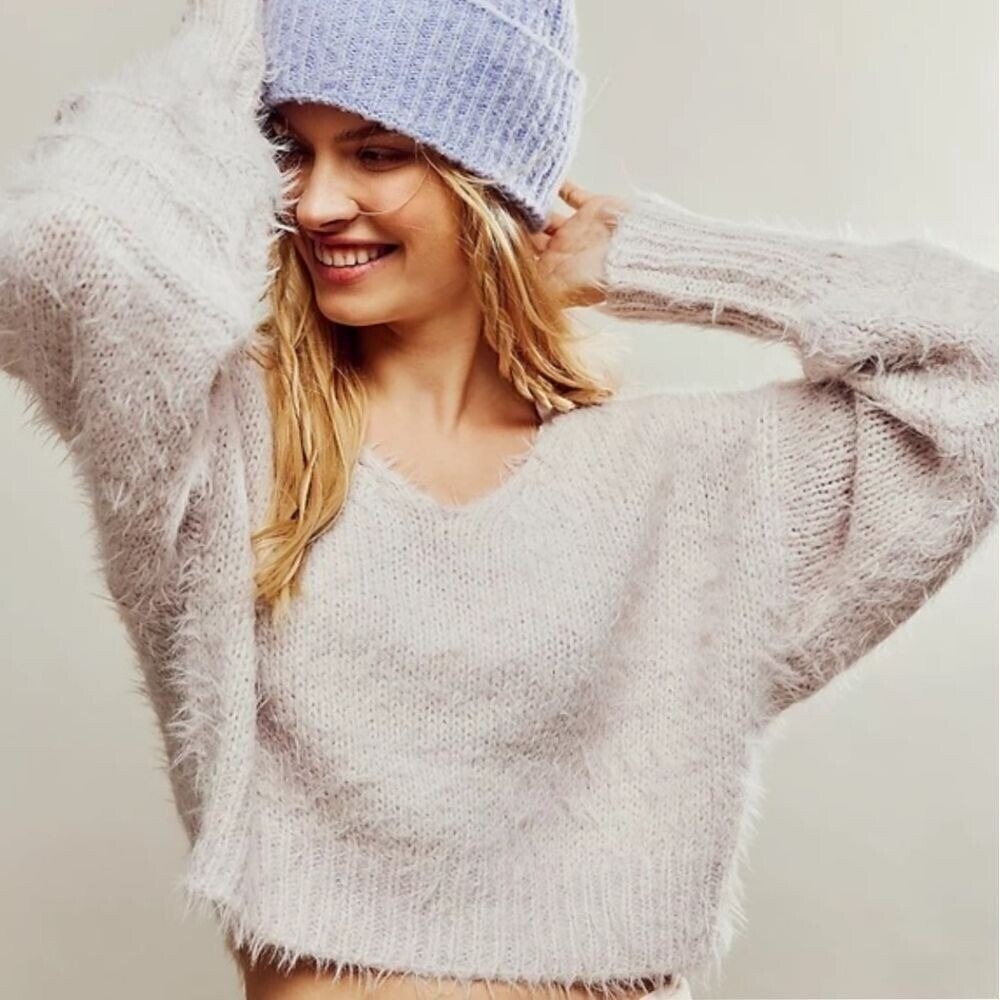 NWT Free People Olivia Pullover V-Neck Sweater Moonrock Combo Lilac‎ XS